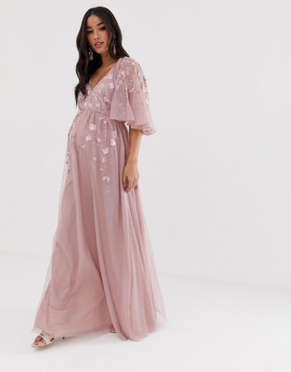 ASOS DESIGN Maternity flutter sleeve maxi dress in embroidered mesh in dusty pink