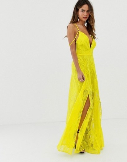 ASOS DESIGN maxi dress in lace cutwork with strappy back and metal ring detail chartreuse ~ glamorous statement - flipped