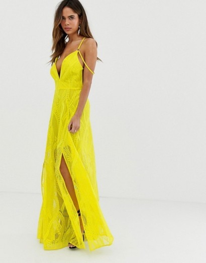 ASOS DESIGN maxi dress in lace cutwork with strappy back and metal ring detail chartreuse ~ glamorous statement