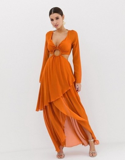 ASOS DESIGN maxi dress with long sleeve and circle trim detail burnt-orange ~ cut-out occasion dresses - flipped