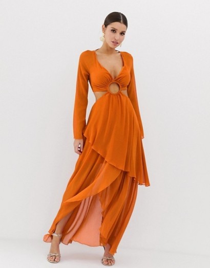ASOS DESIGN maxi dress with long sleeve and circle trim detail burnt-orange ~ cut-out occasion dresses