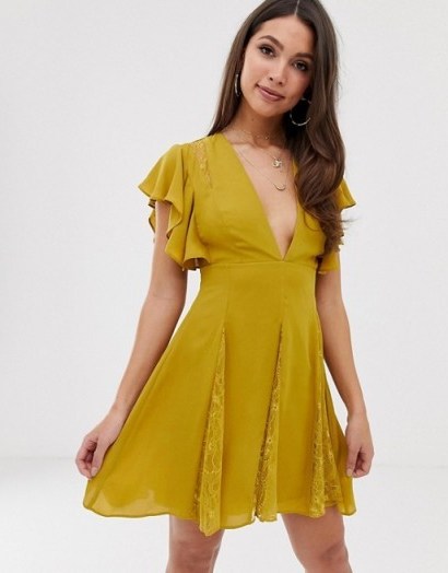 ASOS DESIGN mini dress with lace godet panels in chartreuse | plunge front fit and flare | flutter sleeve dresses - flipped