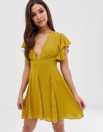 ASOS DESIGN mini dress with lace godet panels in chartreuse | plunge front fit and flare | flutter sleeve dresses