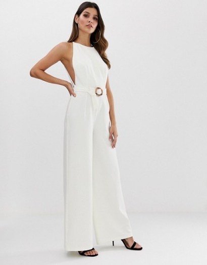 ASOS DESIGN minimal low arm hole wide leg jumpsuit with buckle detail in white - flipped