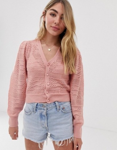 ASOS DESIGN pointelle stitch cardigan with volume sleeve in pink – cuffed sleeve cardi - flipped