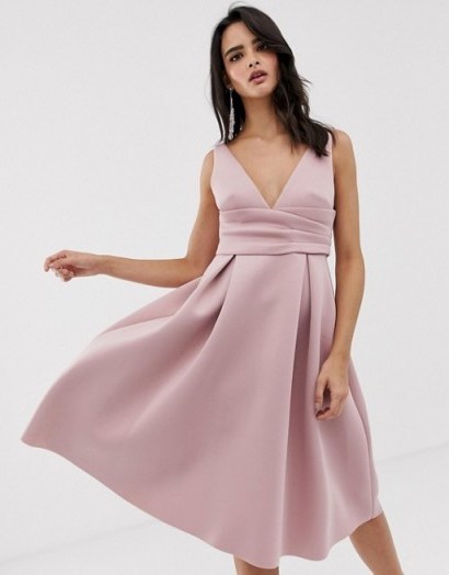 ASOS DESIGN prom midi dress with wrap waist detail in soft mauve | sweet fit and flare - flipped