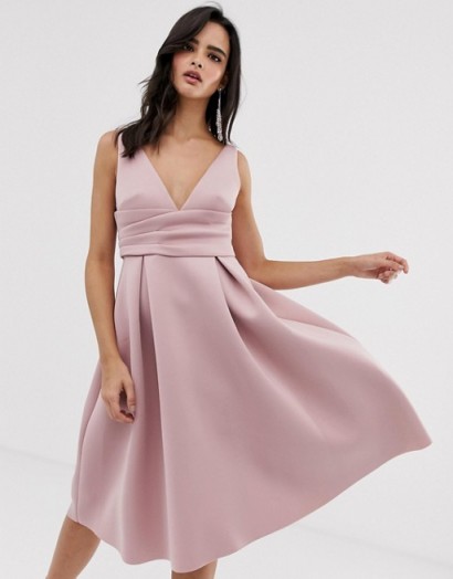 ASOS DESIGN prom midi dress with wrap waist detail in soft mauve | sweet fit and flare
