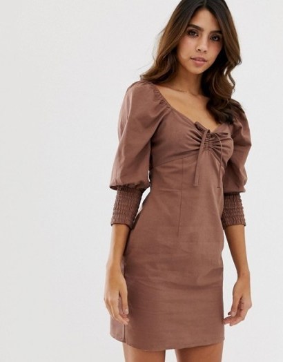 ASOS DESIGN sweetheart neck mini dress with shirred cuffs in brown - flipped