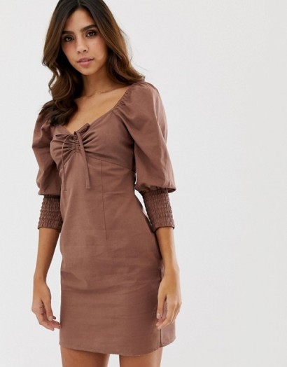 ASOS DESIGN sweetheart neck mini dress with shirred cuffs in brown