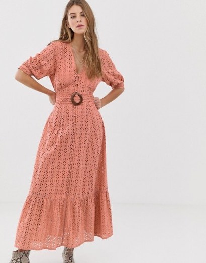 ASOS DESIGN broderie pephem maxi dress with wooden belt in blush pink | long summer frock - flipped