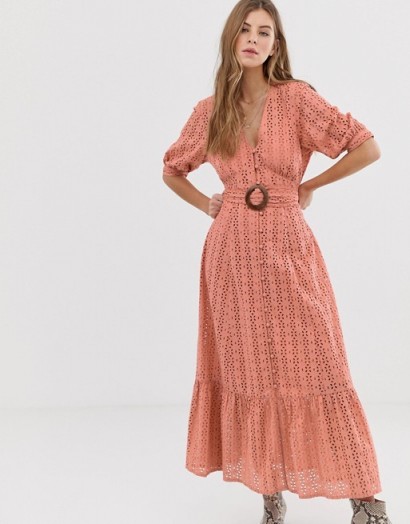 ASOS DESIGN broderie pephem maxi dress with wooden belt in blush pink | long summer frock