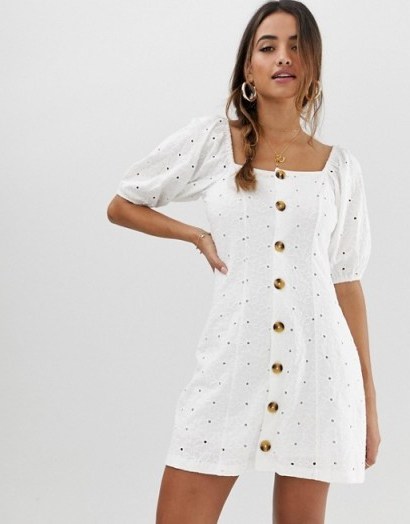 ASOS DESIGN button through broderie tea dress in white | square neck | puff sleeves | spring dresses - flipped