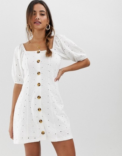ASOS DESIGN button through broderie tea dress in white | square neck | puff sleeves | spring dresses