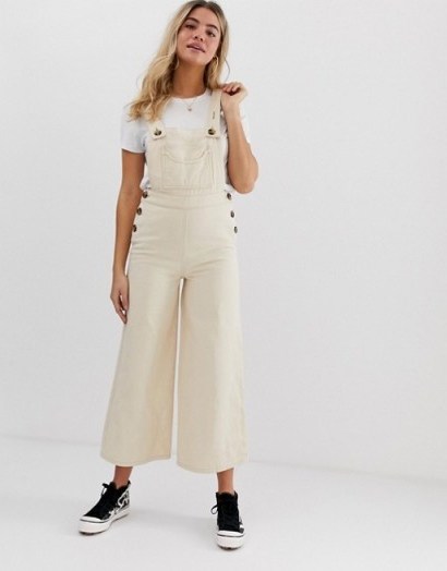 ASOS DESIGN denim dungaree with wideleg in stone | cropped leg overalls | neutral wide leg dungarees - flipped