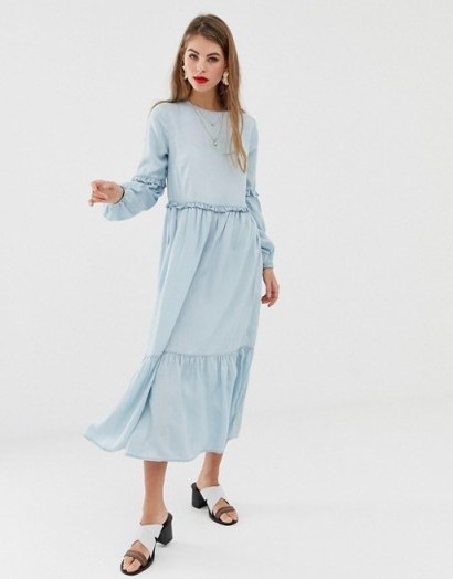 ASOS DESIGN denim midi tiered smock dress in lightwash blue | frill trimmed dresses - flipped