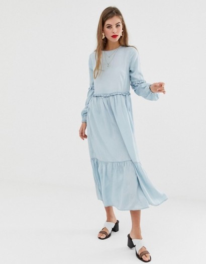 ASOS DESIGN denim midi tiered smock dress in lightwash blue | frill trimmed dresses