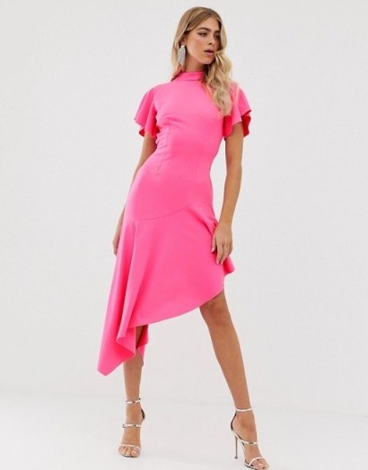 ASOS DESIGN high neck midi dress with open back and pep hem in floro pink | asymmetric party dresses - flipped