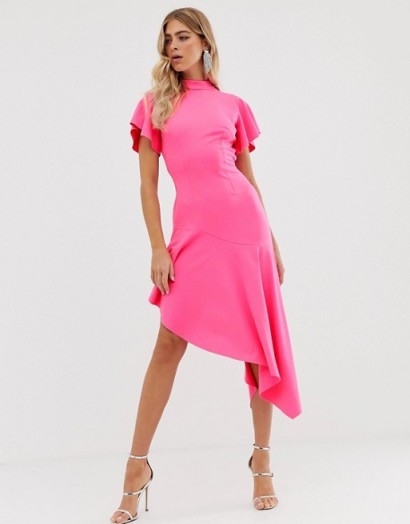 ASOS DESIGN high neck midi dress with open back and pep hem in floro pink | asymmetric party dresses