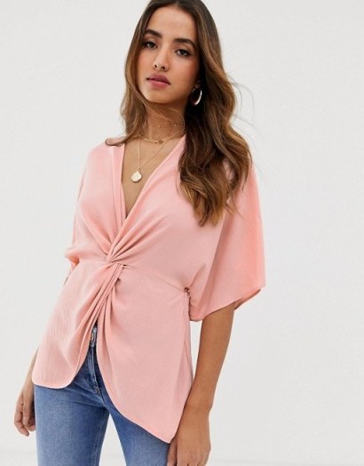 ASOS DESIGN knot front top with kimono sleeve in blush | pink deep V-neck blouse - flipped