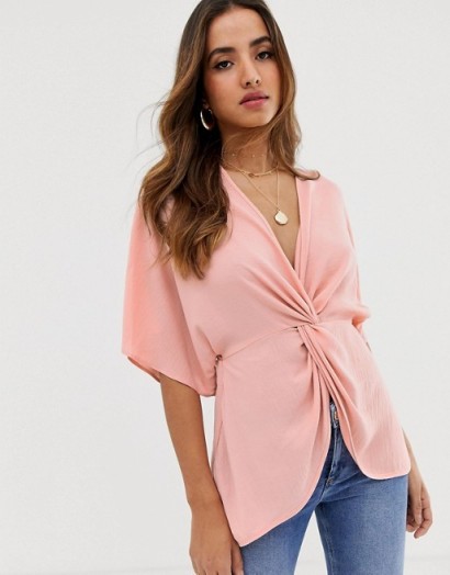 ASOS DESIGN knot front top with kimono sleeve in blush | pink deep V-neck blouse