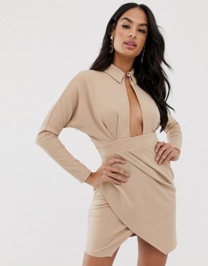 ASOS DESIGN long sleeve wrap shirt mini dress in mink | plunging keyhole front party dresses - flipped