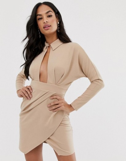 ASOS DESIGN long sleeve wrap shirt mini dress in mink | plunging keyhole front party dresses