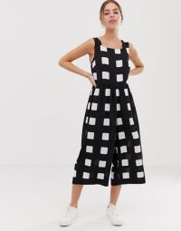ASOS DESIGN Petite minimal jumpsuit with ruched waist in mono check print / large monochrome checks