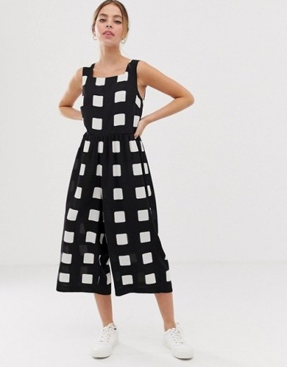 ASOS DESIGN Petite minimal jumpsuit with ruched waist in mono check print / large monochrome checks - flipped