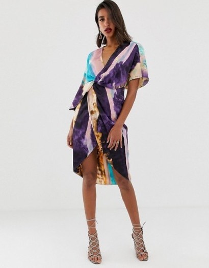 ASOS DESIGN satin kimono midi dress with knot front and asymmetric sleeve in abstract Print - flipped