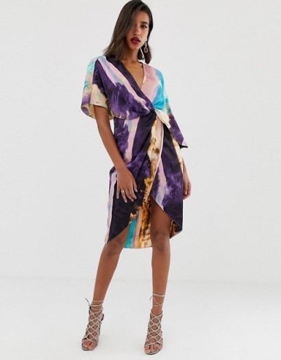 ASOS DESIGN satin kimono midi dress with knot front and asymmetric sleeve in abstract Print