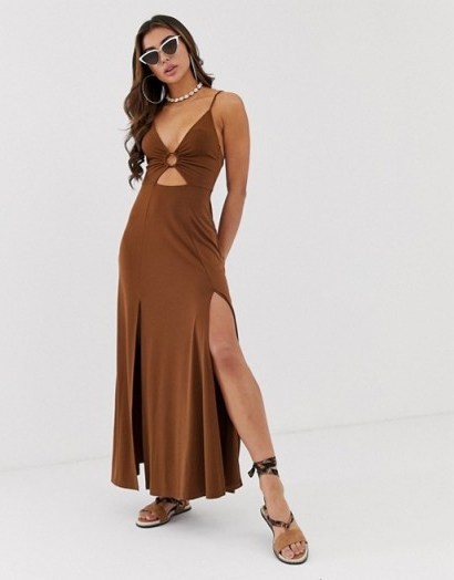 ASOS DESIGN slinky maxi dress with cut out and ring detail in brown - flipped