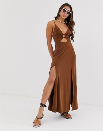 ASOS DESIGN slinky maxi dress with cut out and ring detail in brown