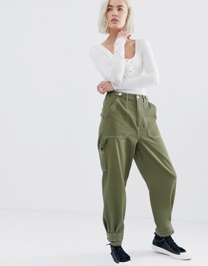 ASOS DESIGN utility trouser with top stitching and tab detail in khaki | green utilitarian fashion