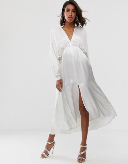 ASOS EDITION ruched batwing midi dress in ivory | floaty plunge front dresses - flipped