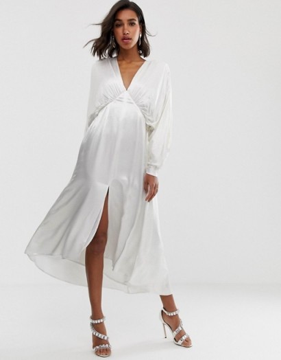 ASOS EDITION ruched batwing midi dress in ivory | floaty plunge front dresses