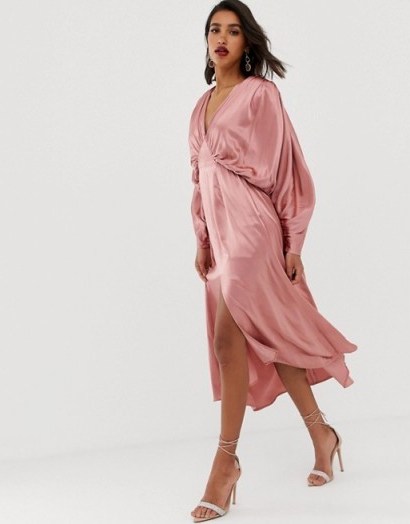 ASOS EDITION ruched batwing midi dress in satin in dusty pink | floaty party dresses - flipped