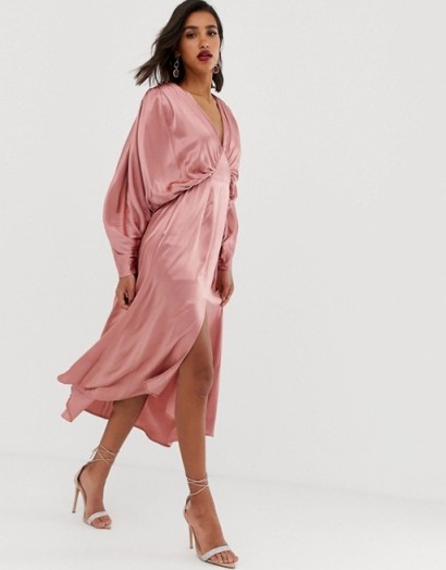 ASOS EDITION ruched batwing midi dress in satin in dusty pink | floaty party dresses