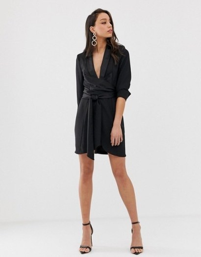 ASOS DESIGN Tall mini tux dress with ruched sleeve in black | wrap front with plunging neckline - flipped