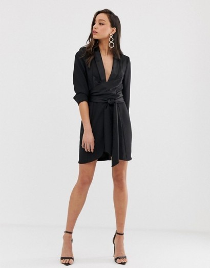 ASOS DESIGN Tall mini tux dress with ruched sleeve in black | wrap front with plunging neckline