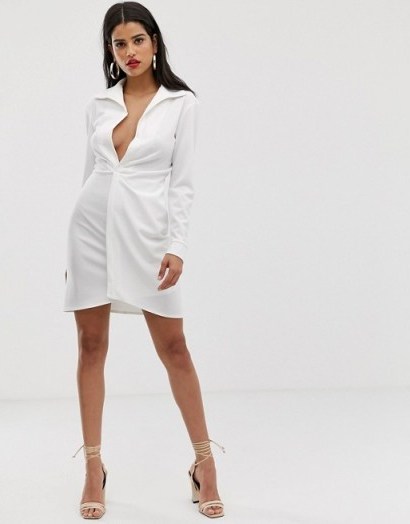 ASOS DESIGN Tall sexy drape bodycon shirt dress in white | deep plunge neckline fashion - flipped
