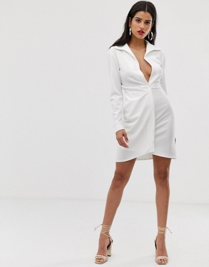 ASOS DESIGN Tall sexy drape bodycon shirt dress in white | deep plunge neckline fashion
