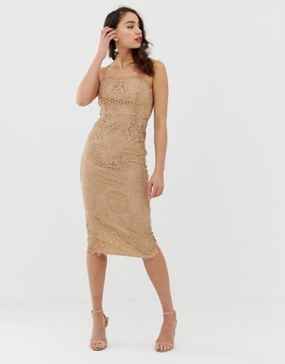 ASOS DESIGN Tall square neck midi pencil dress in lace in taupe | light-brown thin strap fitted frock - flipped