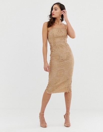 ASOS DESIGN Tall square neck midi pencil dress in lace in taupe | light-brown thin strap fitted frock