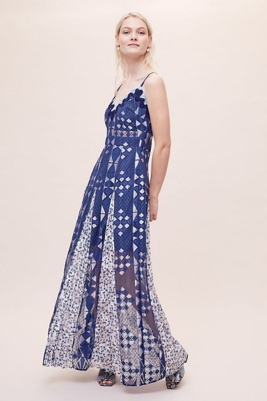 ANTHROPOLOGIE Muriel Maxi Dress Blue Motif ~ long semi sheer thin strap dresses - flipped