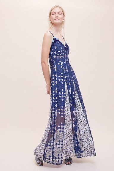ANTHROPOLOGIE Muriel Maxi Dress Blue Motif ~ long semi sheer thin strap dresses
