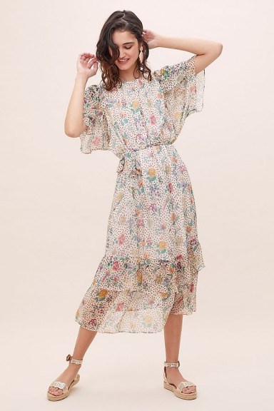 Sessun Fortunata Printed-Silk Tiered Dress Ivory ~ feminine floral dresses - flipped