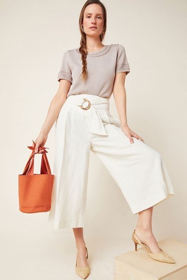 Anthropologie Beach Belted Trousers Neutral Motif | cropped wide-leg - flipped