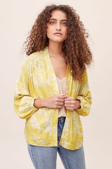 Anthropologie Lauren Floral Kimono in Yellow Motif | lightweight spring jacket - flipped