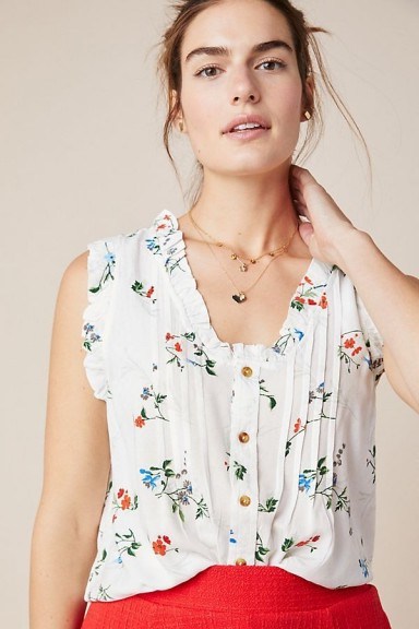 Maeve Rayne Sleeveless Blouse in Ivory | floral ruffle trim top - flipped