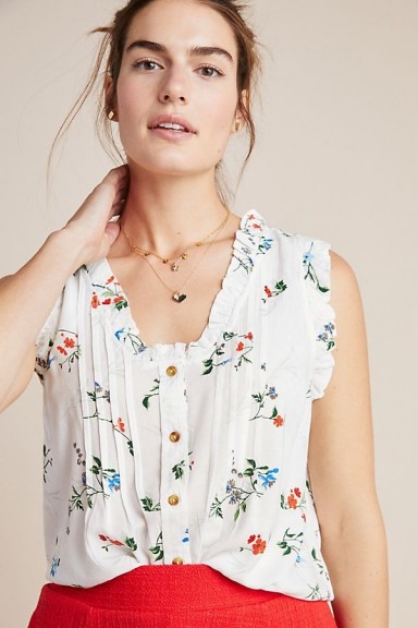 Maeve Rayne Sleeveless Blouse in Ivory | floral ruffle trim top